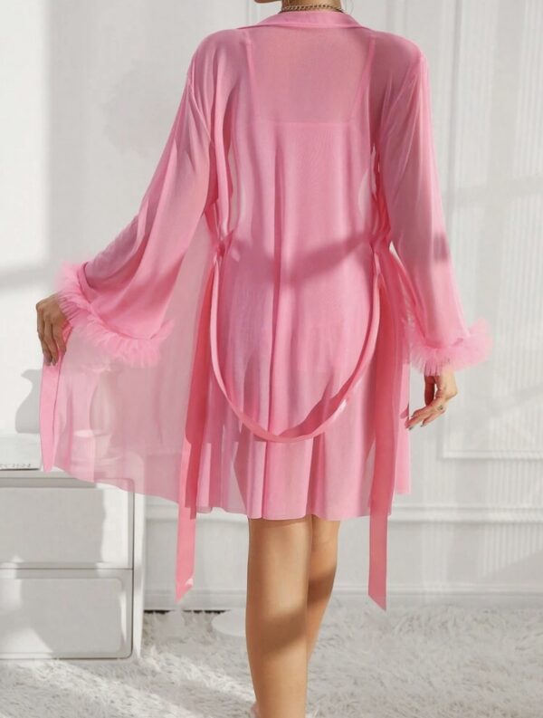 Pink Two Piece Set Camisole Nightgown With Floral Sleeve Mesh Robe - Image 2