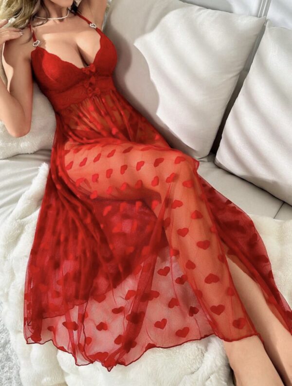 Red Long Nightdress Heart Print Mesh Cami - Image 2