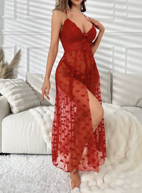 Red Long Nightdress Heart Print Mesh Cami